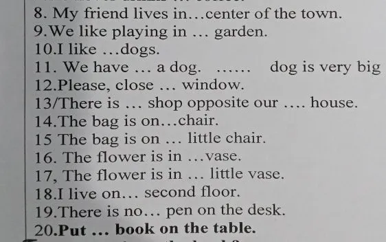 8. My friend lives in...center of the town. 9.We like playing in ... garden. 10.I like ...dogs. 11. We have ... a dog. ...... dog is very big 12.Please, close ... window. 13/There is ... shop opposite our .... house. 14.The bag is on...chair. 15 The bag is on ... little chair. 16. The flower is in ...vase. 17, The flower is in ... little vase. 18.I live on... second floor. 19.There is no... pen on the desk. 20.Put ... book on the table.
