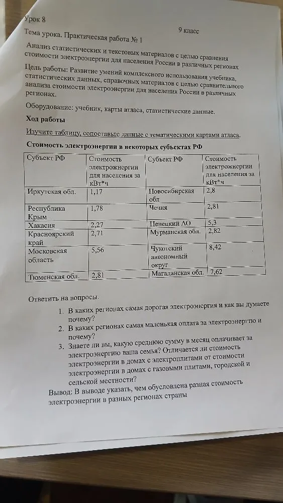 Анализ статистических и текстовых материалов с целью сравнения стоимости электроэнергии для населения России в различных регионах