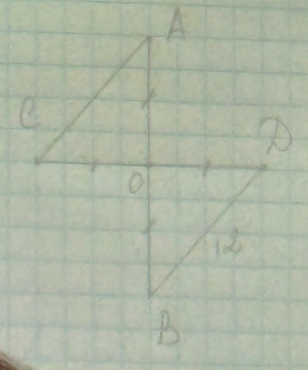 На рисунке изображены два треугольника с общим центром O. Известно, что AO=OB, CO=OD. BD=12. Найдите AC.