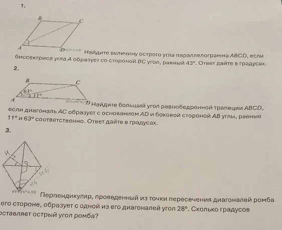 Найдите величину острого угла параллелограмма ABCD, если биссектриса угла А образует со стороной BC угол, равный 43°. Ответ дайте в градусах.