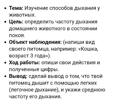 Тема: Изучение способов дыхания у животных. Цель: определить частоту дыхания домашнего животного в состоянии покоя.