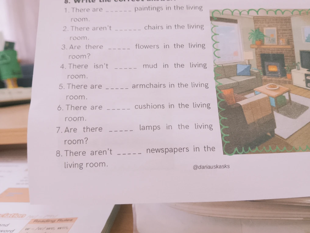 8. Write the correct answer: 1. There are _ paintings in the living room.