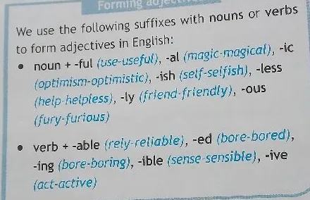 We use the following suffixes with nouns or verbs to form adjectives in English: