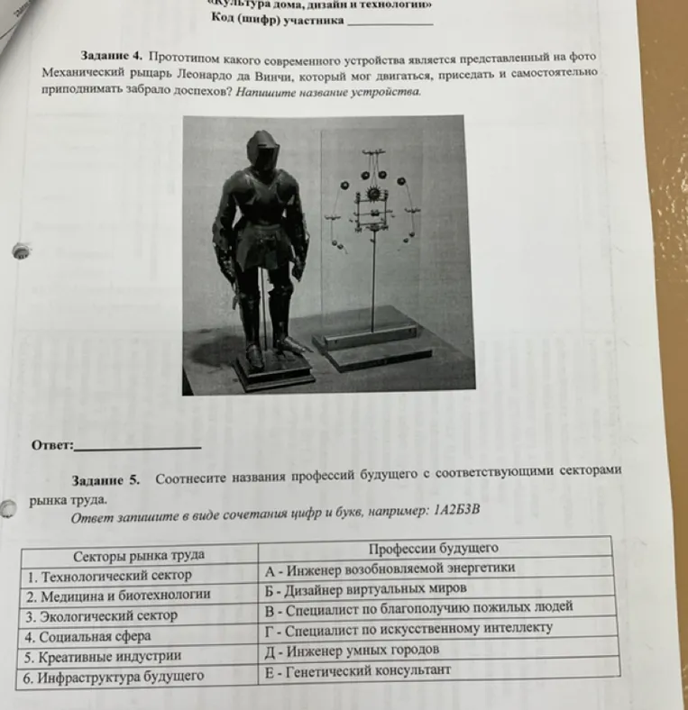 Задание 4. Прототипом какого современного устройства является представленный на фото Механический рыцарь Леонардо да Винчи, который мог двигаться, приседать и самостоятельно приподнимать забрало доспехов?
