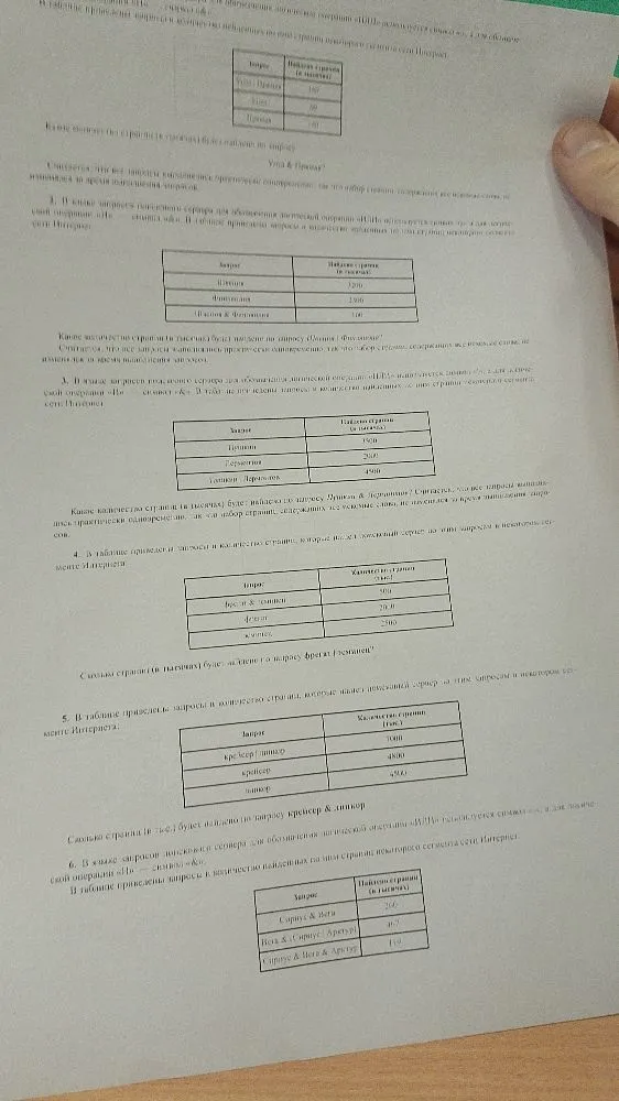 1. В таблице приведены запросы и количество страниц, которые нашел поисковый сервер на эти запросы в некотором сегменте Интернет.