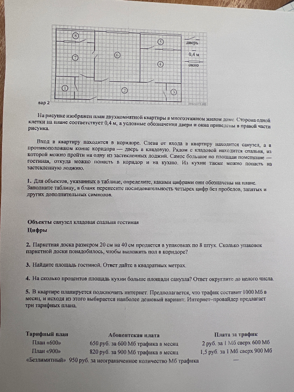 На рисунке изображен план двухкомнатной квартиры в многоэтажном жилом доме. Сторона одной клетки на плане соответствует 0,4 м, а условные обозначения двери и окна приведены в правой части рисунка.