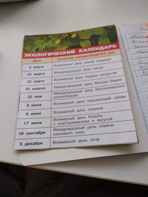 ЭКОЛОГИЧЕСКИЙ КАЛЕНДАРЬ Название международного дня 3 марта Всемирный день дикой природы 21 марта Международный день лесов 22 марта Всемирный день водных ресурсов 22 апреля Международный день Матери-Земли 22 мая Международный день биологического разнообразия 5 июня Всемирный день окружающей среды 8 июня Всемирный день океанов 17 июня Всемирный день борьбы с опустыниванием и засухой 16 сентября Международный день охраны озонового слоя 5 декабря Всемирный день почв