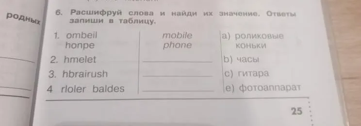 6. Расшифруй слова и найди их значение. Ответы запиши в таблицу.