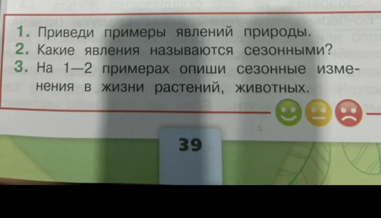 1. Приведи примеры явлений природы. 2. Какие явления называются сезонными? 3. На 1—2 примерах опиши сезонные изменения в жизни растений, животных.