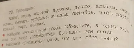 73. Прочитайте: Клён, идти, золотой, дружба, дупло, альбом, салат, класс, бежать, суффикс, октябрь, чай, корень, хоккей, торт, молния.