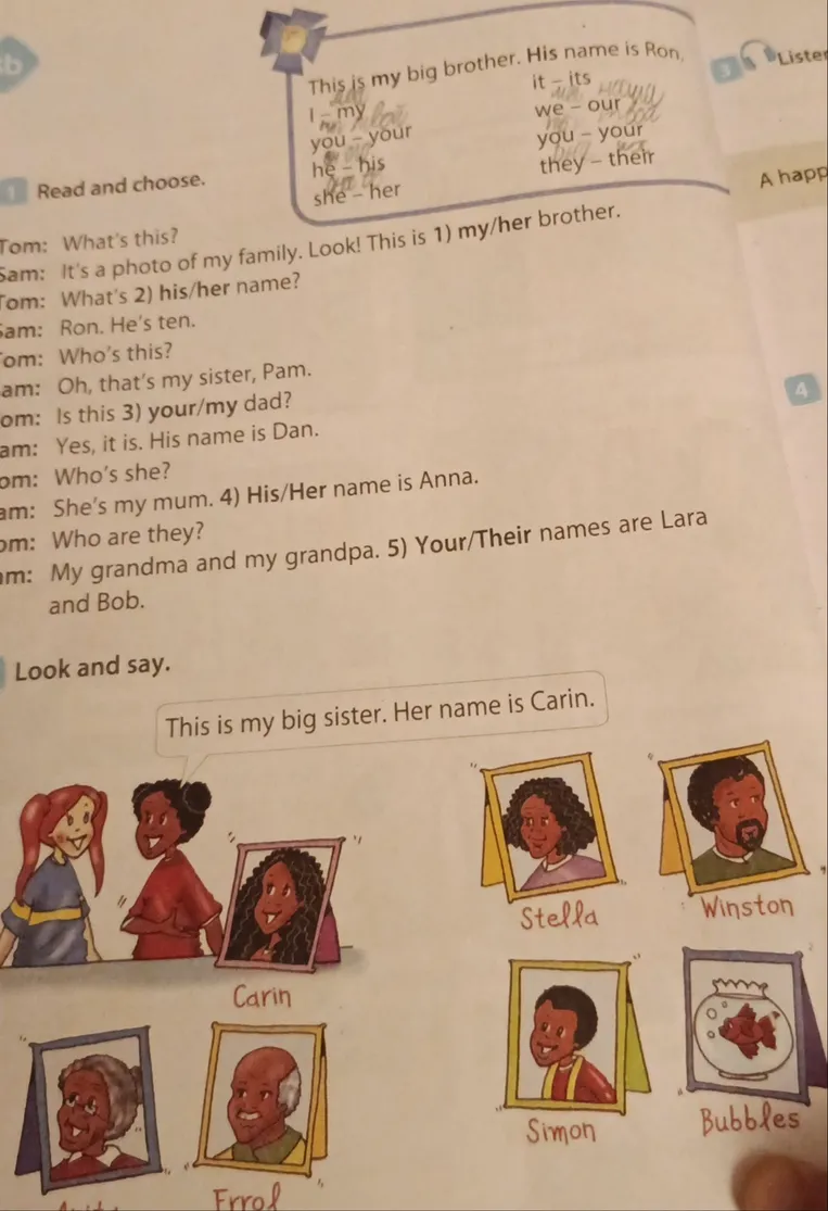Read and choose. Tom: What's this? Sam: It's a photo of my family. Look! This is 1) my/her brother.