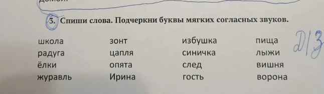 3. Спиши слова. Подчеркни буквы мягких согласных звуков.