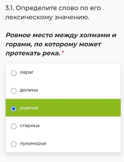 3.1. Определите слово по его лексическому значению. Ровное место между холмами и горами, по которому может протекать река.
