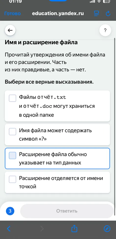 Прочитай утверждения об имени файла и его расширении. Часть из них правдивые, а часть — нет. Выбери все верные высказывания.