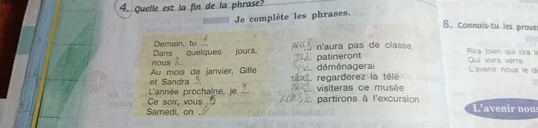 Je complète les phrases. Demain, tu ... Dans quelques jours, nous ... Au mois de janvier, Gille et Sandra ... L'année prochaine, je ... Ce soir, vous ... Samedi, on ...