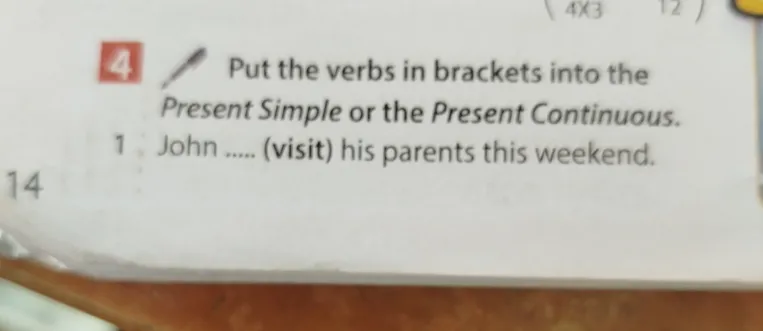 Put the verbs in brackets into the Present Simple or the Present Continuous. 1 John ..... (visit) his parents this weekend.