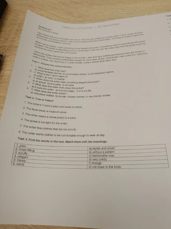 Clothes and Fashion - A2 Worksheet. Reading text: My Favourite Clothes.