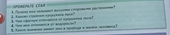 ПРОВЕРЬТЕ СЕБЯ 1. Почему мхи называют высшими споровыми растениями? 2. Каково строение кукушкина льна? 3. Чем сфагнум отличается от кукушкина льна? 4. Чем мох отличается от водоросли? 5. Какое значение имеют мхи в природе и жизни человека?