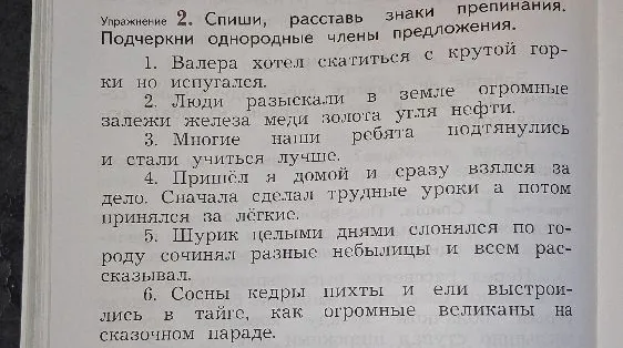 Упражнение 2. Спиши, расставь знаки препинания. Подчеркни однородные члены предложения.