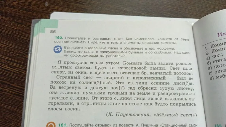 Прочитайте и озаглавьте текст. Как изменилась комната от света осенних листьев? Выделите в тексте элементы описания комнаты.