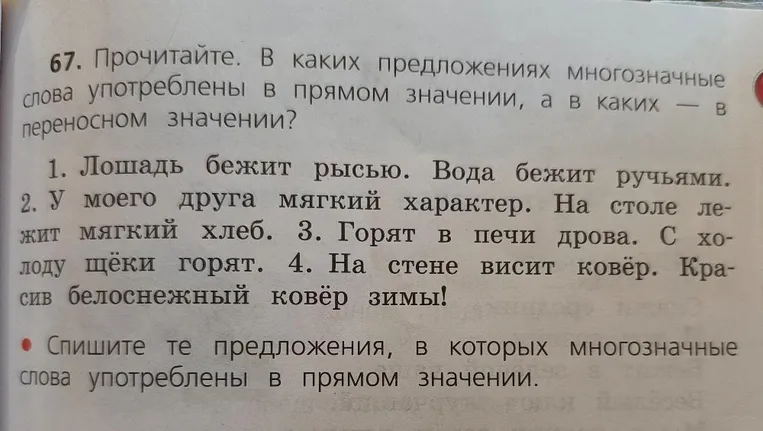 67. Прочитайте. В каких предложениях многозначные слова употреблены в прямом значении, а в каких — в переносном значении?