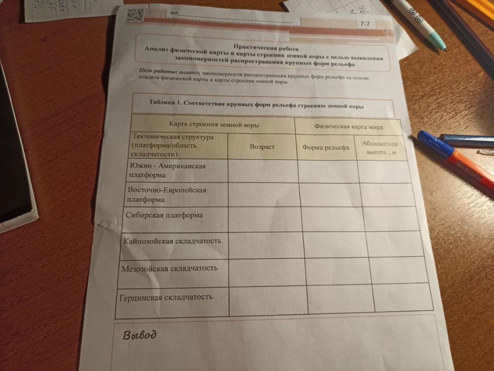 Практическая работа: Анализ физической карты и карты строения земной коры с целью выявления закономерностей распространения крупных форм рельефа.