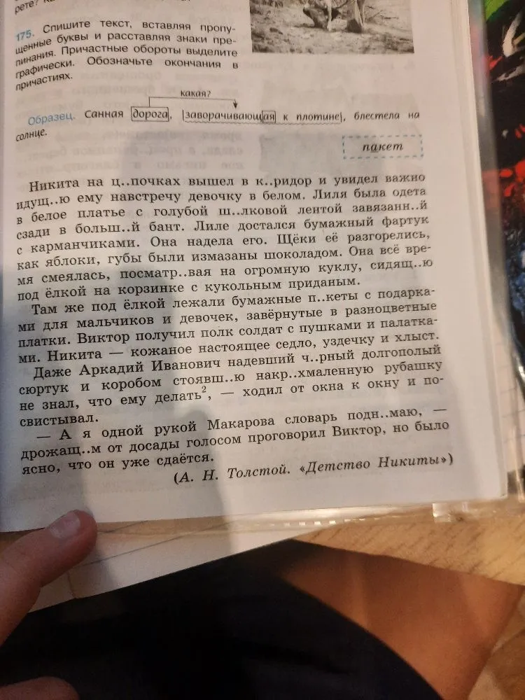 175. Спишите текст, вставляя пропущенные буквы и расставляя знаки препинания. Причастные обороты выделите графически. Обозначьте окончания в причастиях.