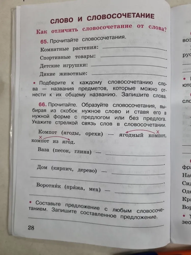 65. Прочитайте словосочетания. Комнатные растения: ___ Спортивные товары: ___