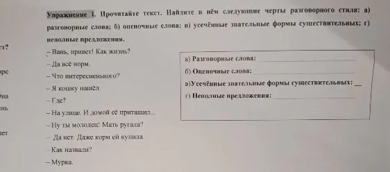 Упражнение 1. Прочитайте текст. Найдите в нём следующие черты разговорного стиля: а) разговорные слова; б) оценочные слова; в) усечённые звательные формы существительных; г) неполные предложения.