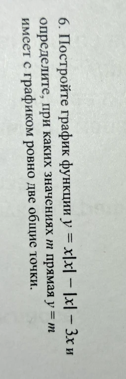 6. Постройте график функции y = x|x| - |x| - 3x и определите, при каких значениях m прямая y = m имеет с графиком ровно две общие точки.