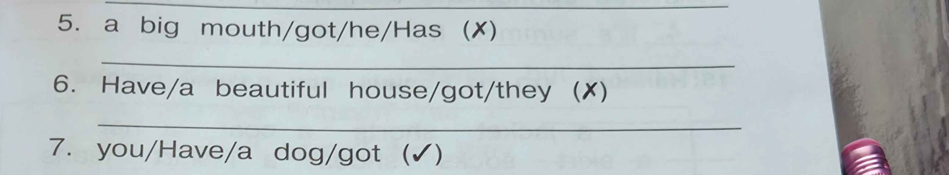 5. a big mouth/got/he/Has (✗); 6. Have/a beautiful house/got/they (✗); 7. you/Have/a dog/got (✓)
