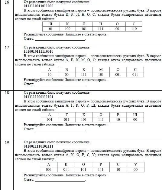 От разведчика было получено сообщение: 011110011011000. В этом сообщении зашифрован пароль – последовательность русских букв.