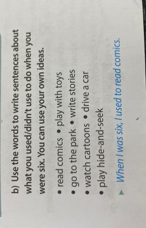 Use the words to write sentences about what you used/didn't use to do when you were six. You can use your own ideas.