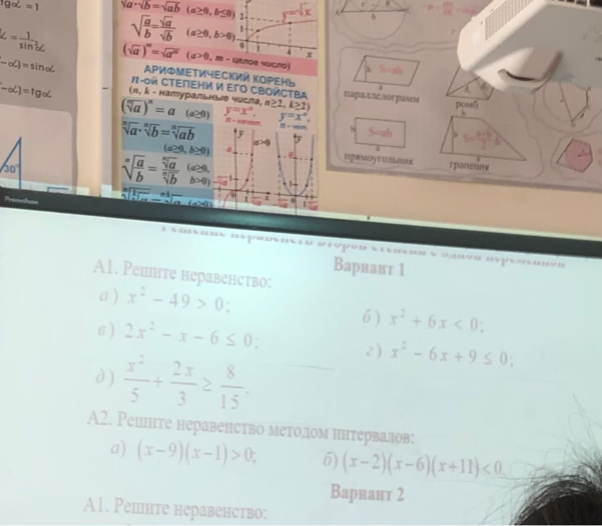 А1. Решите неравенство: а) x^2 - 49 > 0; б) x^2 + 6x < 0; в) 2x^2 - x - 6 <= 0; г) x^2 - 6x + 9 <= 0; д) x^2/5 + 2x/3 >= 8/15