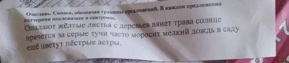 Озаглавь. Спиши, обозначая границы предложений. В каждом предложении подчеркни подлежащее и сказуемое.