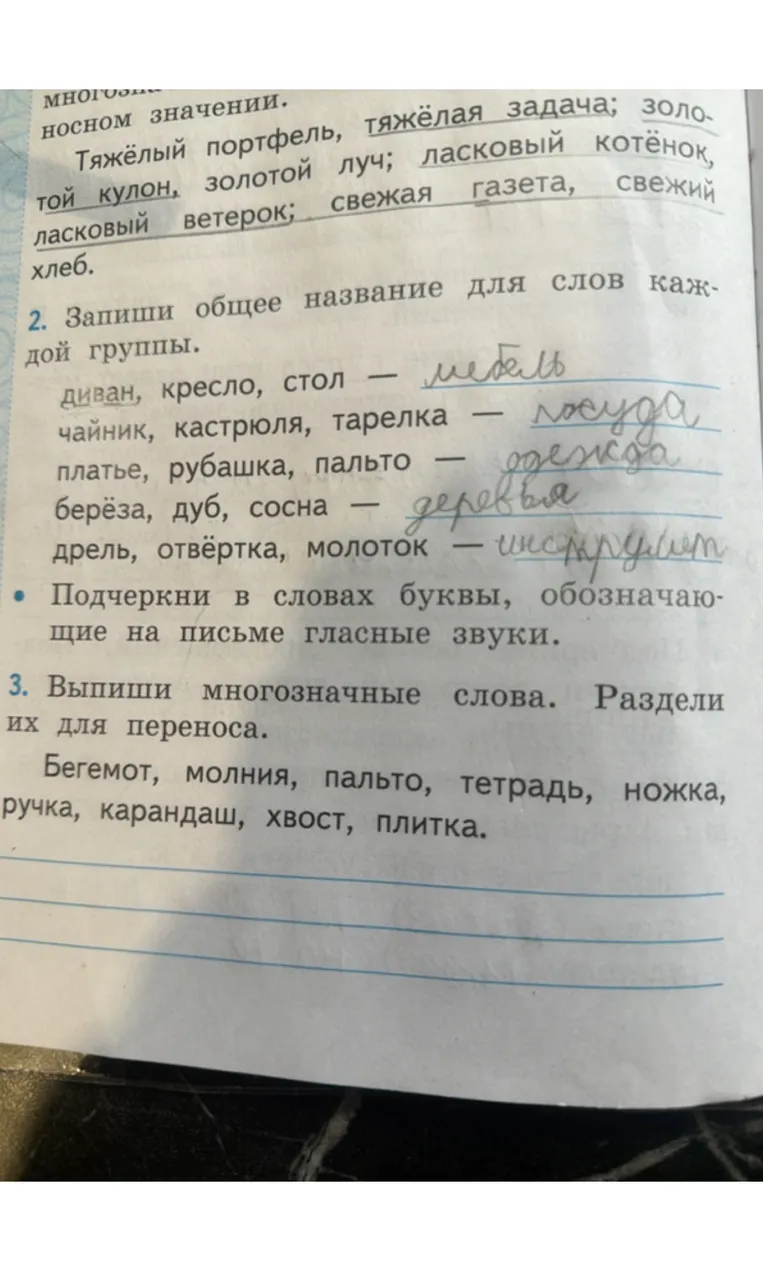2. Запиши общее название для слов каждой группы. 3. Выпиши многозначные слова. Раздели их для переноса.