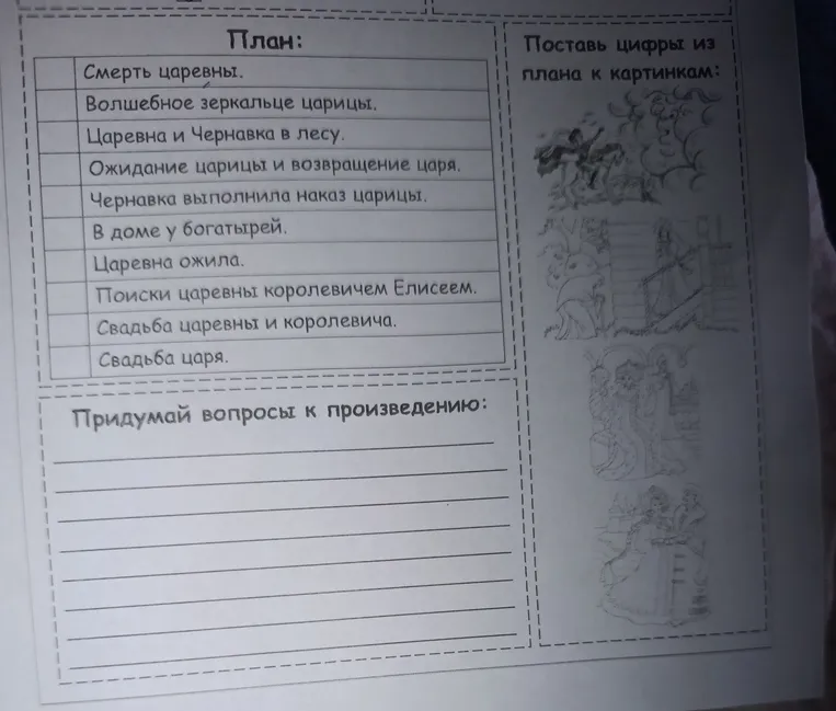 План: Смерть царевны. Волшебное зеркальце царицы. Царевна и Чернавка в лесу. Ожидание царицы и возвращение царя. Чернавка выполнила наказ царицы. В доме у богатырей. Царевна ожила. Поиски царевны королевичем Елисеем. Свадьба царевны и королевича. Свадьба царя. Поставь цифры из плана к картинкам: