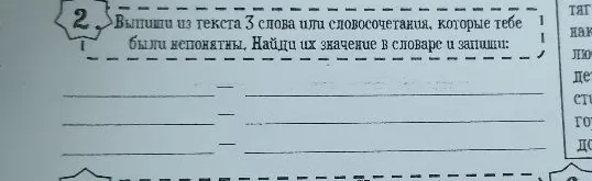 Выпиши из текста 3 слова или словосочетания, которые тебе были непонятны. Найди их значение в словаре и запиши: