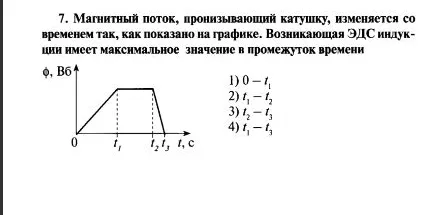 7. Магнитный поток, пронизывающий катушку, изменяется со временем так, как показано на графике. Возникающая ЭДС индукции имеет максимальное значение в промежуток времени