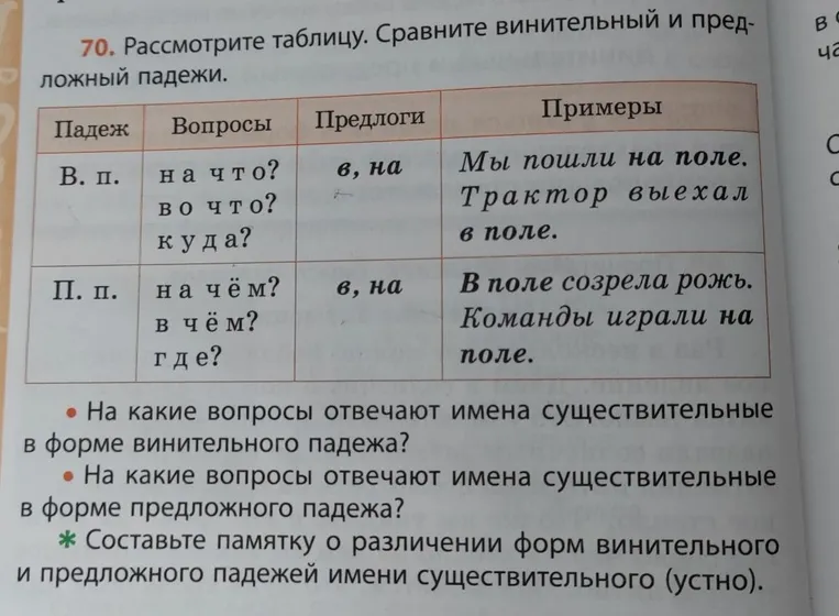 70. Рассмотрите таблицу. Сравните винительный и предложный падежи.