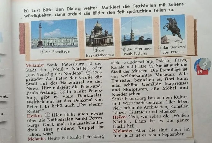 b) Lest bitte den Dialog weiter. Markiert die Textstellen mit Sehenswürdigkeiten, dann ordnet die Bilder den fett gedruckten Teilen zu.