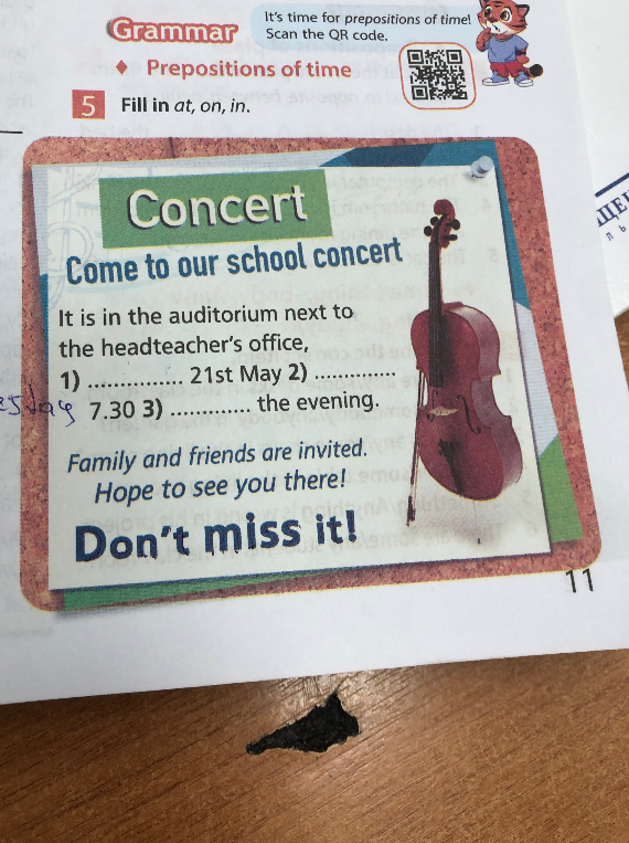 Fill in at, on, in. 1) ............. 21st May 2) ............. 7.30 3) ............. the evening.