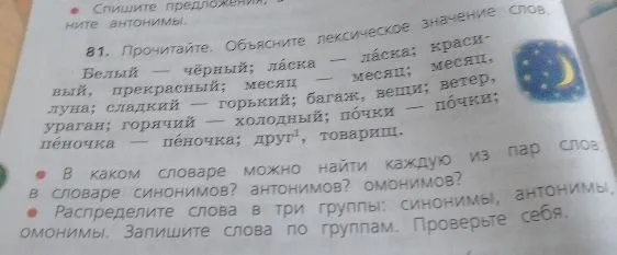 81. Прочитайте. Объясните лексическое значение слов. В каком словаре можно найти каждую из пар слов: в словаре синонимов? антонимов? омонимов? Распределите слова в три группы: синонимы, антонимы, омонимы. Запишите слова по группам. Проверьте себя.