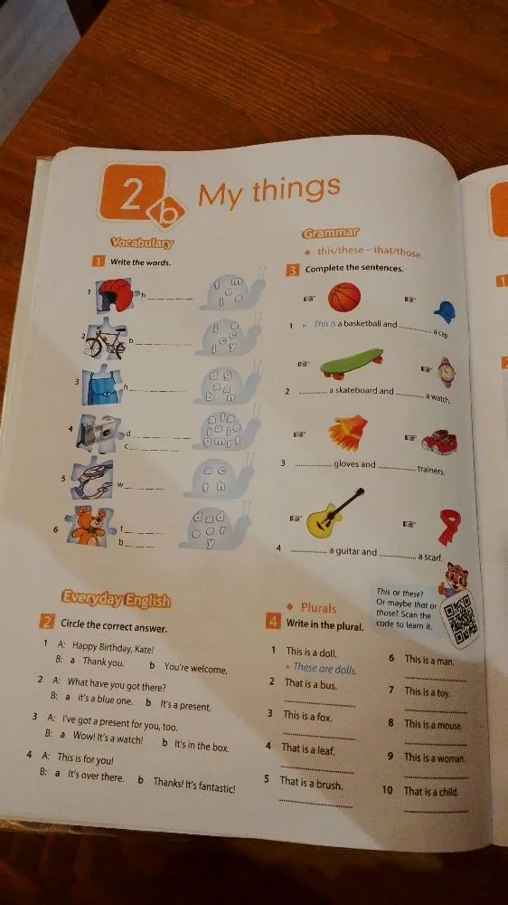 My things: 1 Write the words. 2 Circle the correct answer. 3 Complete the sentences. 4 Write in the plural.
